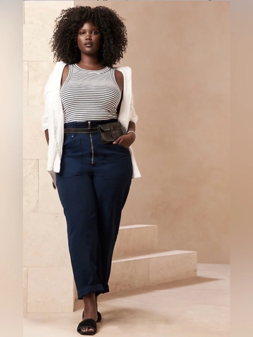 Banana Republic Navy Linen Blend Paper Bag Pants